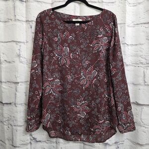 LOFT Outlet Burgundy Floral Boat Neck Blouse Size Large